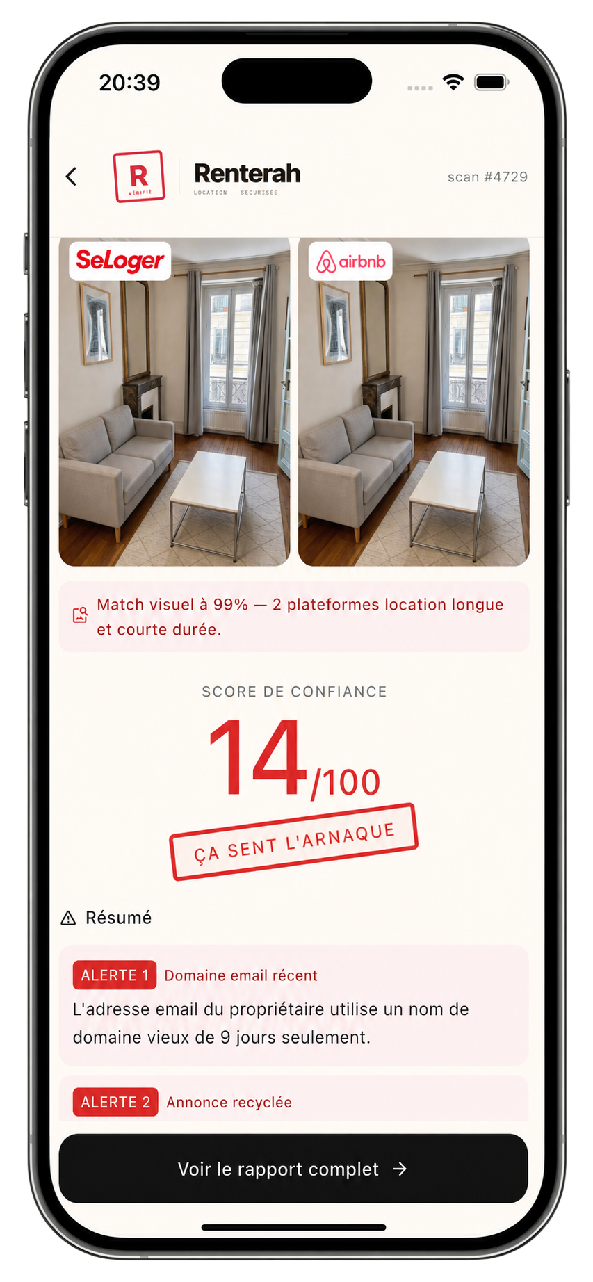 Renterah report displaying a scam score of 14/100 with two alerts detected